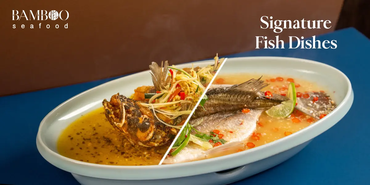 bamboo menu signature fish dishes page which includes a siakap dish split into two flavors one fried and one steamed, both in Thai styles.