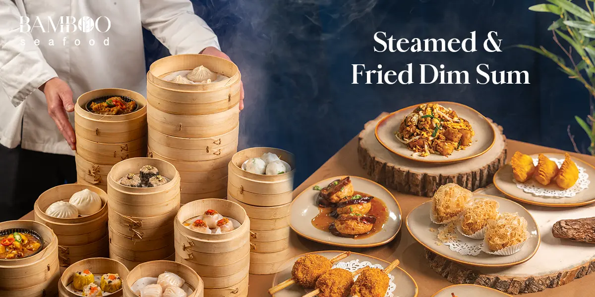 bamboo menu page with a variety of steamed and fried dim sum