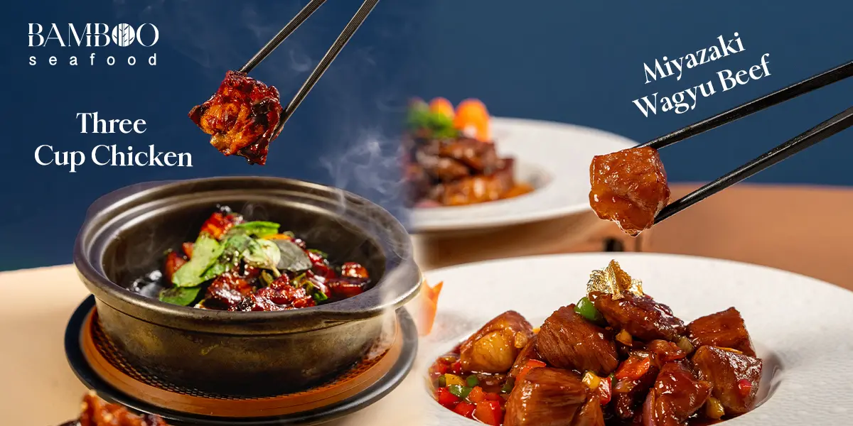 bamboo seafood menu page with claypot three cup chicken and miyazaki wagyu beef