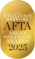 AFTA-icon-2025 Gold medal-style badge with layered text that reads 'ASEAN Food and Travel Magazine', 'AFTA', and 'ASEAN Food and Travel Awards 2025